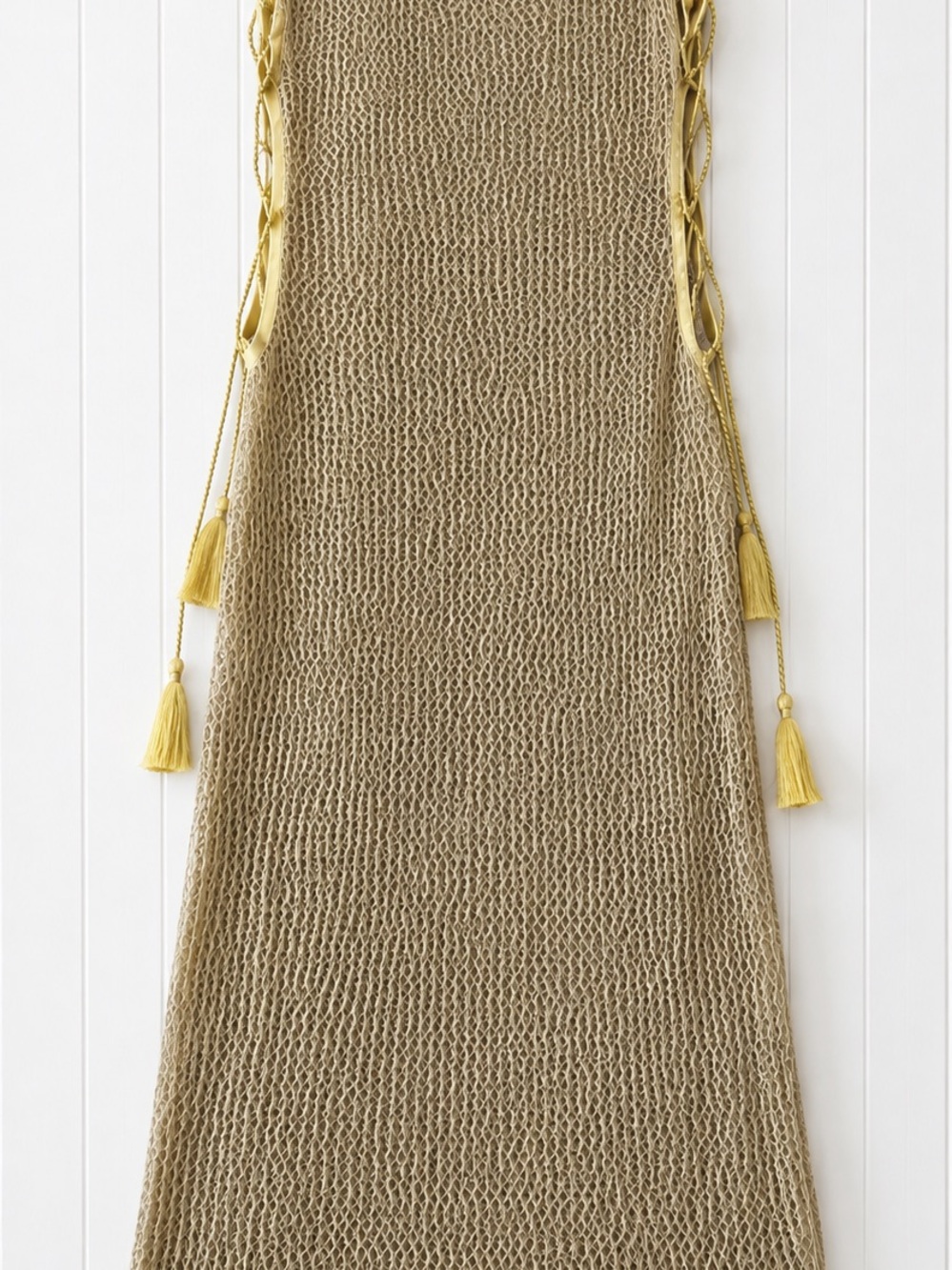 Sleeveless Knit Maxi Dress in Beige with Tassel Tie